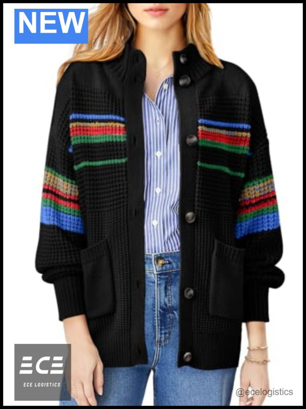 Womens Cable Knit Cardigan Rainbow Striped Open Front Fall Sweater
